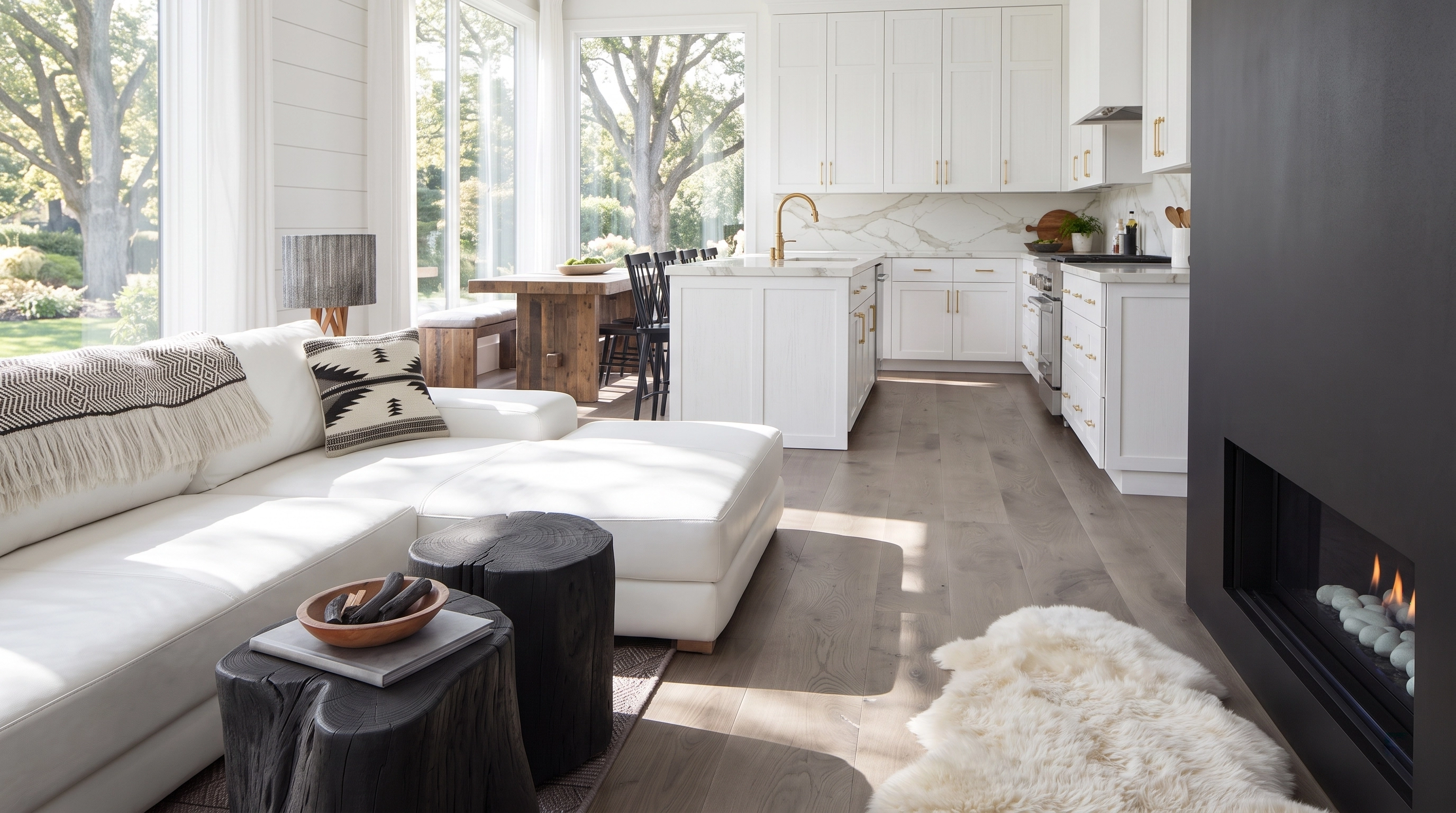 White sofa and kitchen with fireplace