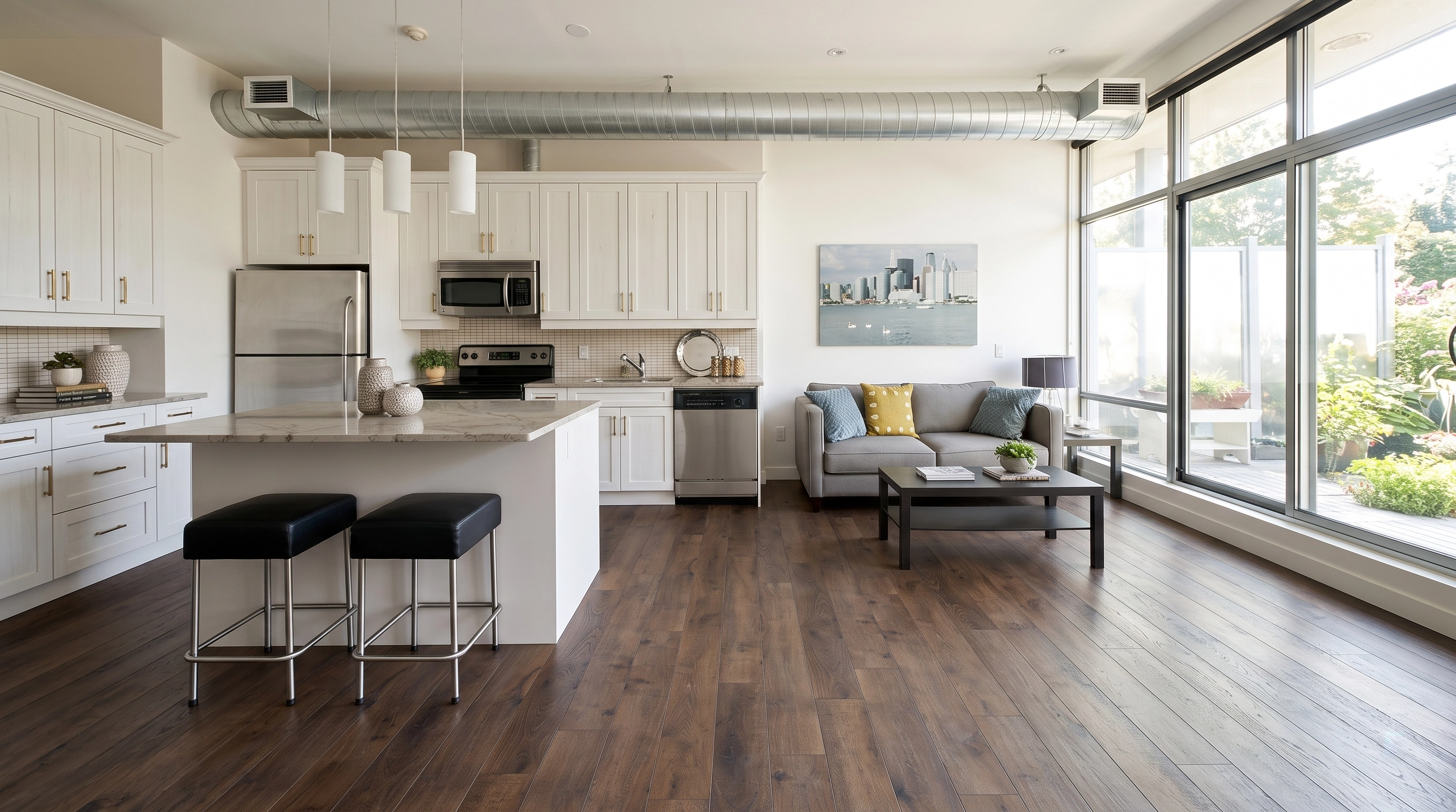 Kitchen island living room windows