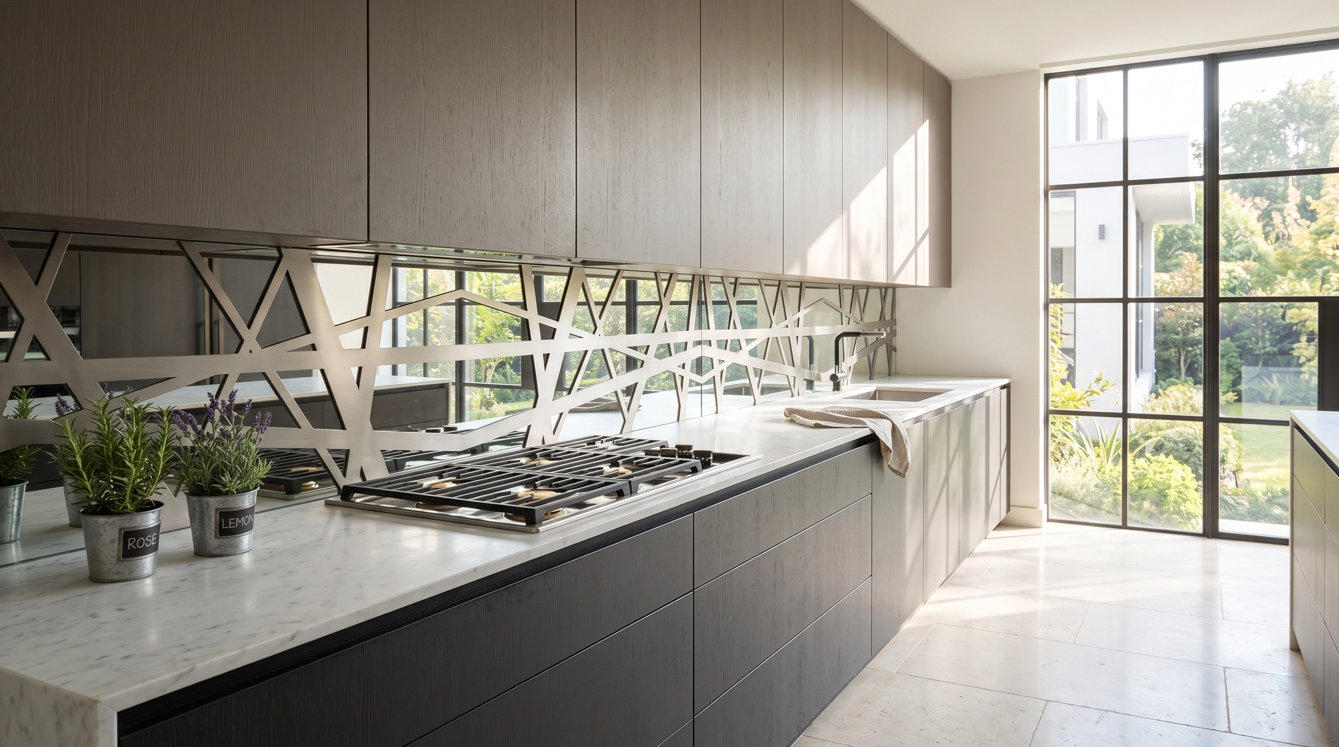 Dark kitchen sculptural backsplash