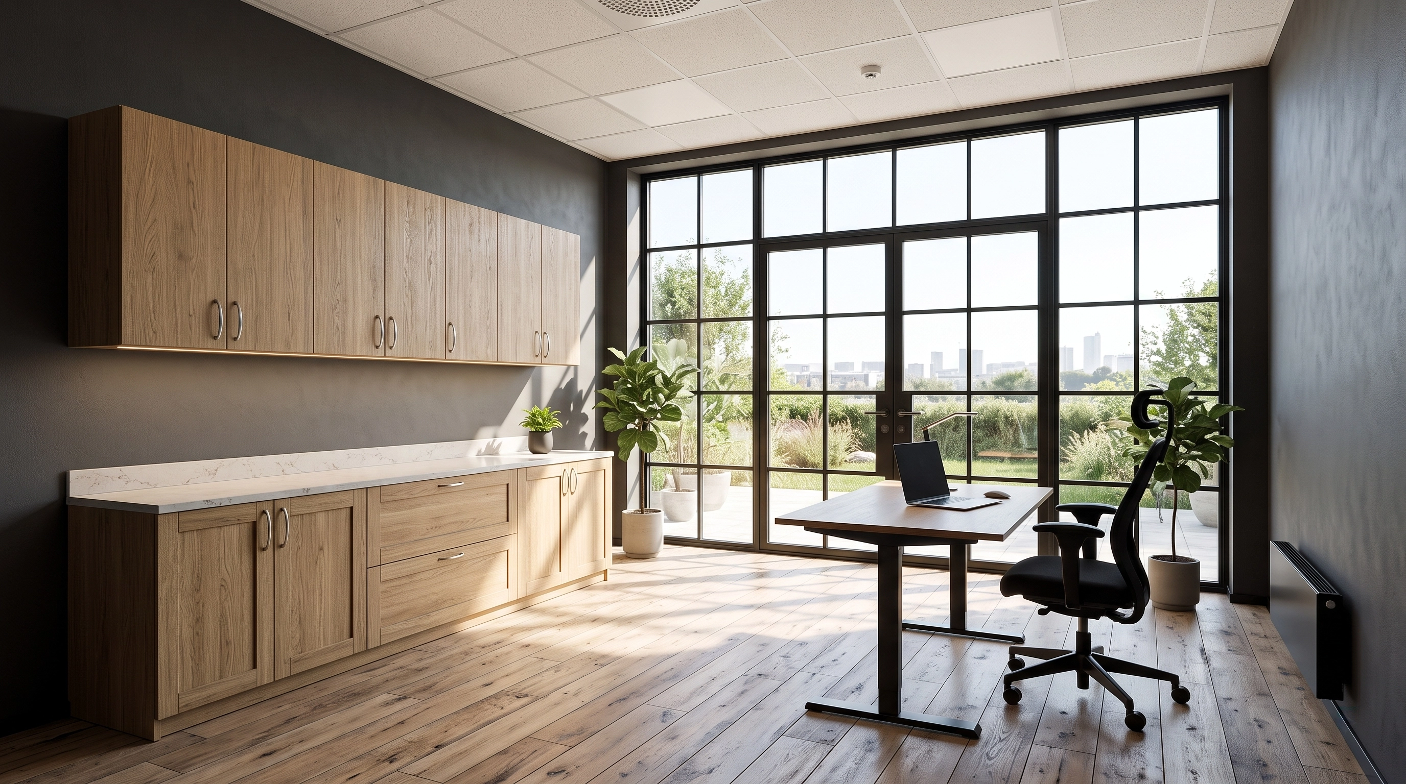 Home office with black framed windows