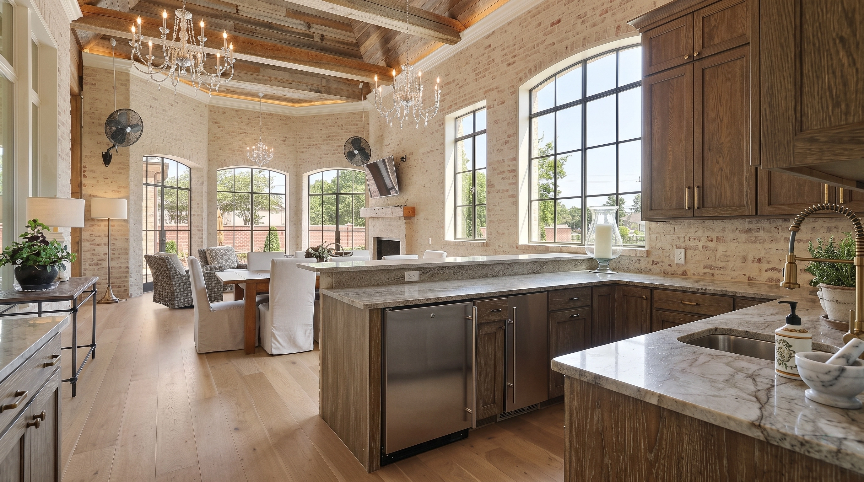 Rustic kitchen arch windows